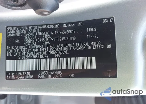 2017 Toyota Highlander Le z USA, uszkodzony, nr VIN 5TDZZRFH3HS219574